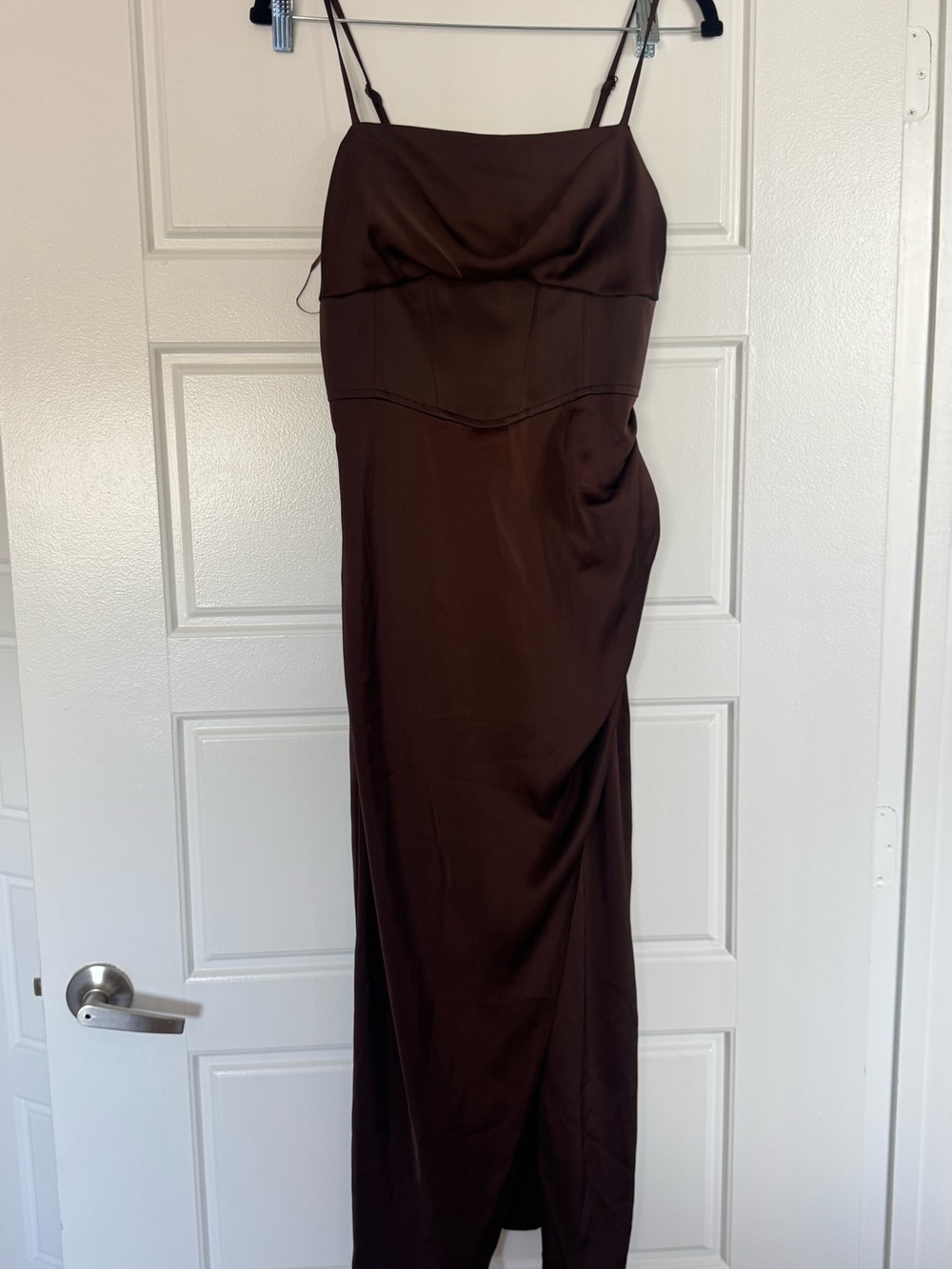 Brown Satin Maxi Slip Dress with Cowl Neck